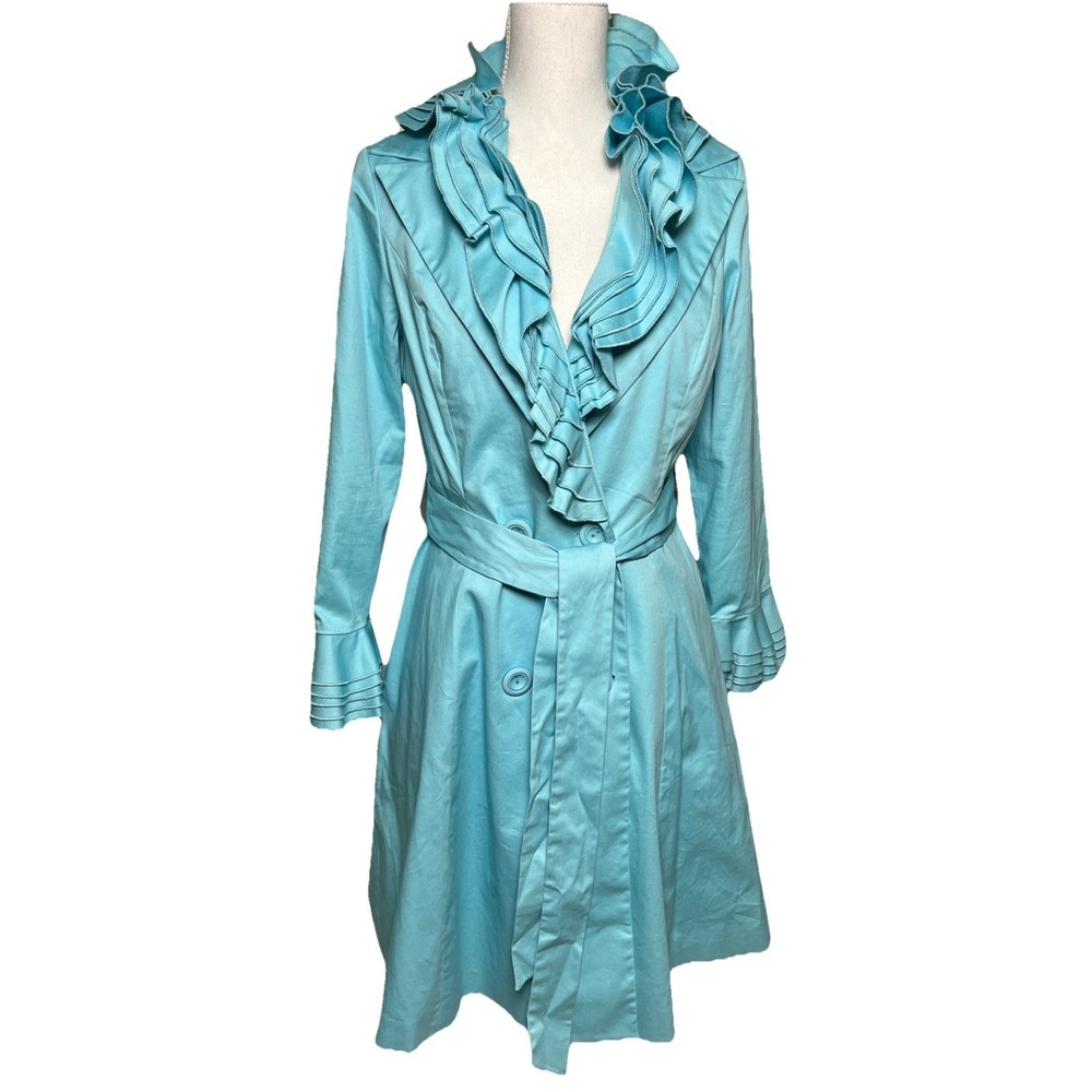 Lapis Women's Size L Belted Trench Coat Ruffle Collar Trim Flirty Classy‎